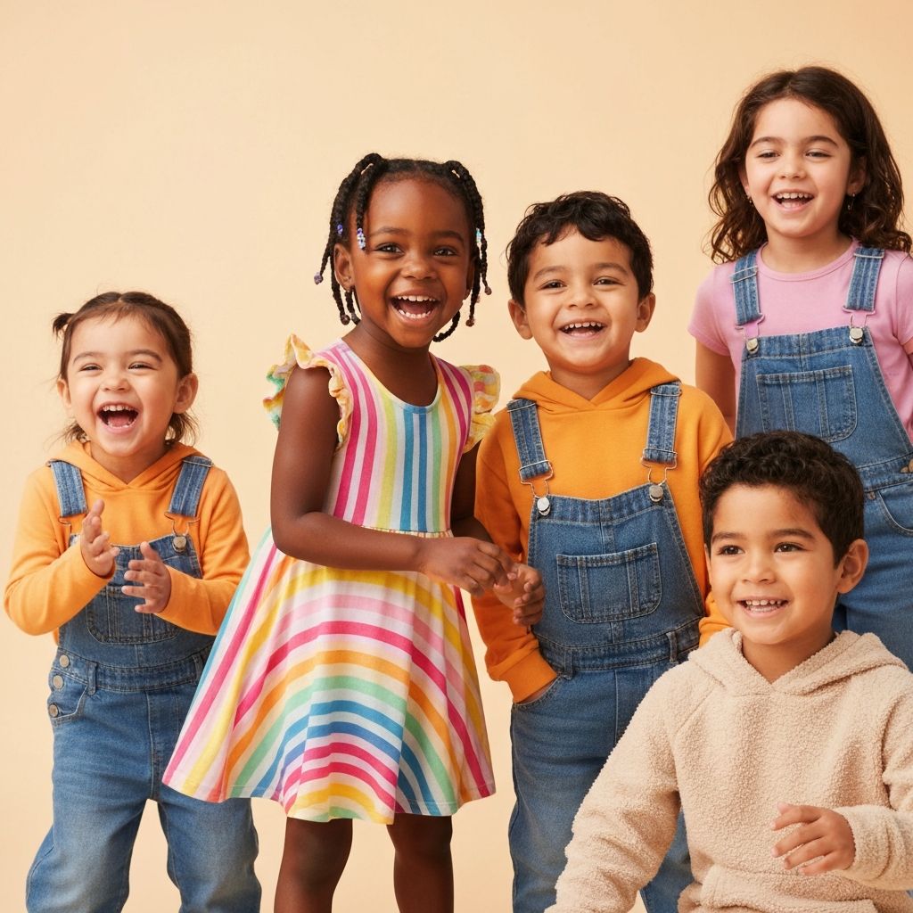 Happy kids laughing in rainbow dresses and denim overalls